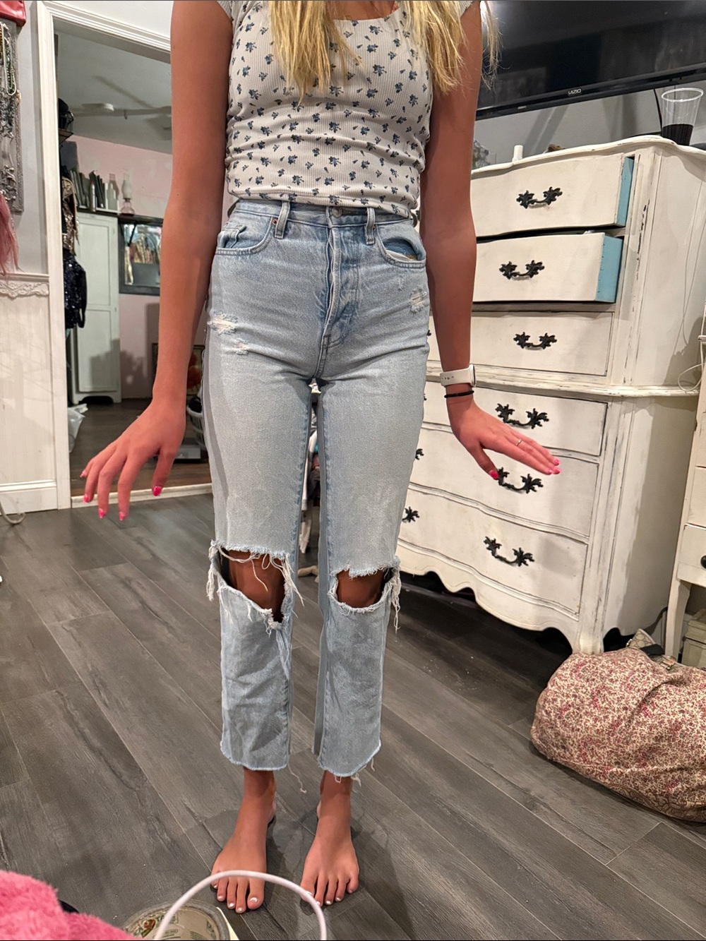 PacSun dad Jean 22 Light Blue High-Rise Straight-Leg Ripped Jeans